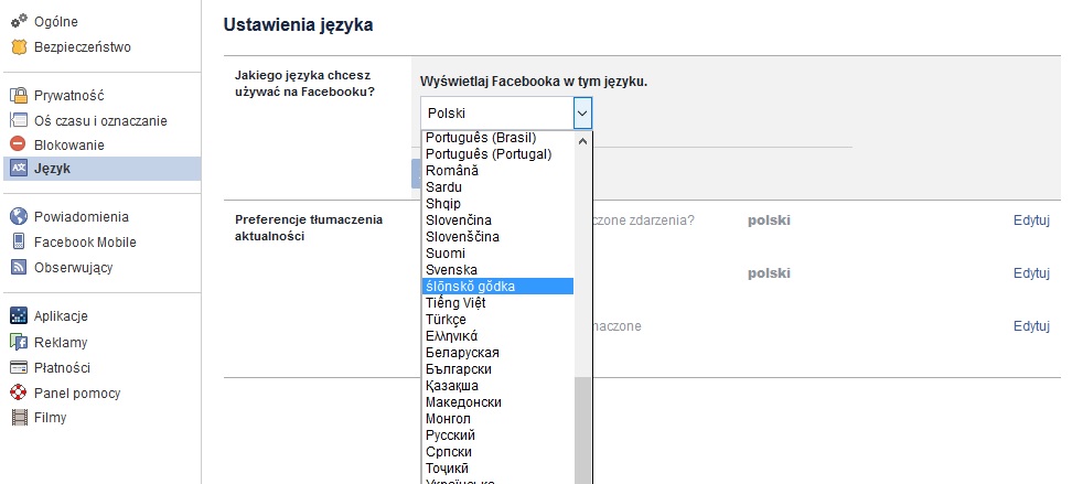 fot.Technologiczna.pl / ustawienia języka na Facebooku