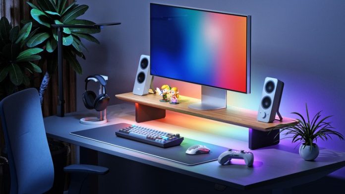 The Nanoleaf Smart LED Monitor Stand showing off its ambient lighting option.