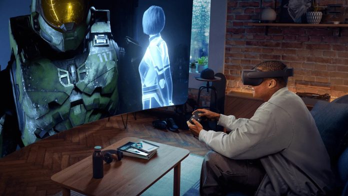 Man wearing Meta Quest 3S Xbox Edition headset playing Halo on a floating virtual screen