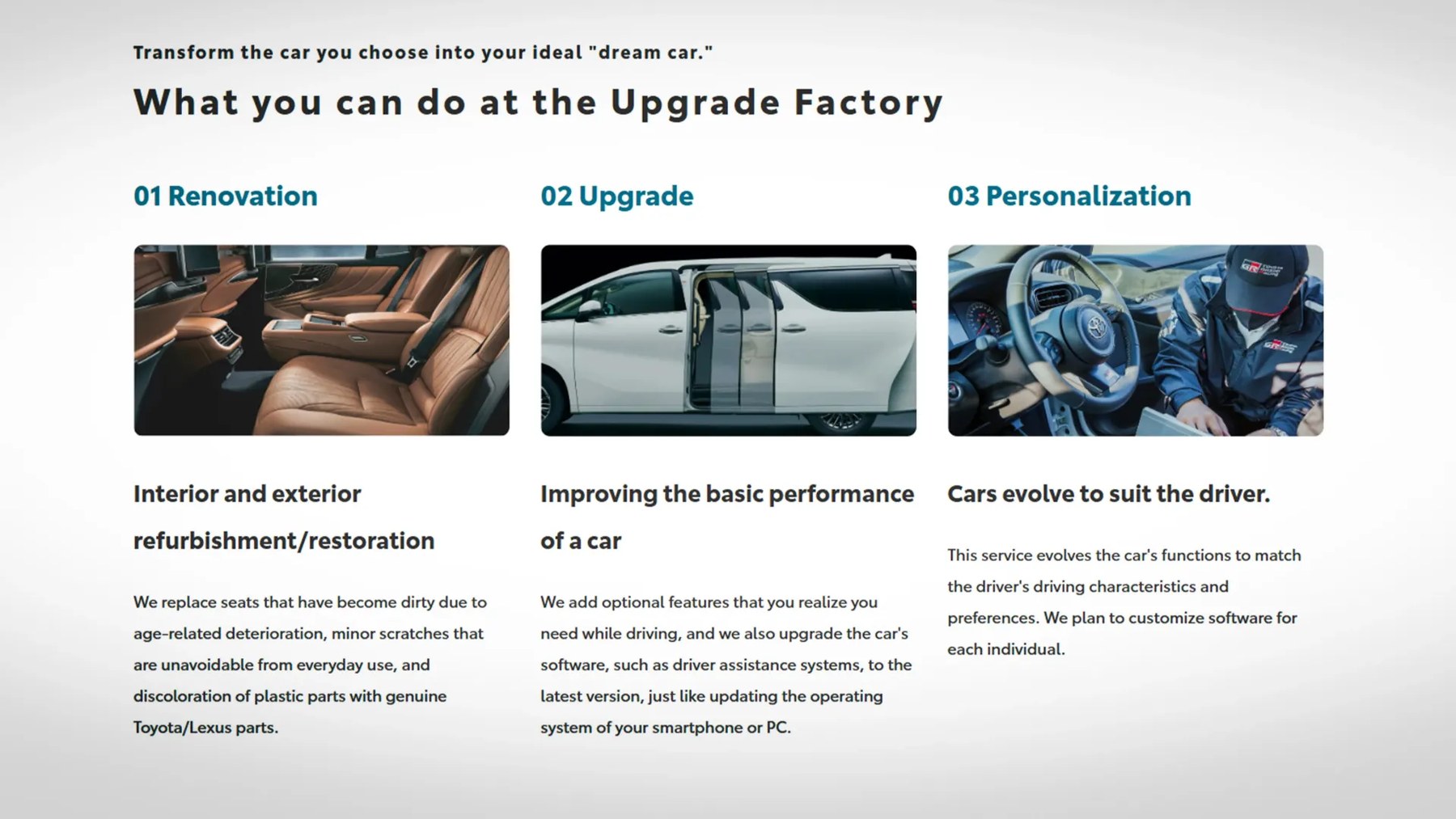 Car upgrade service options showing brown leather car interior, white minivan with sliding doors open, and person in branded jacket working inside a car.
