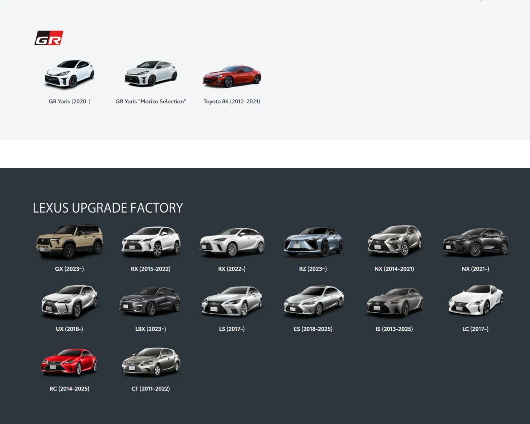Row of Lexus SUV and sedan models in various colors on a dark background labeled "LEXUS UPGRADE FACTORY" with model names and years below each car.